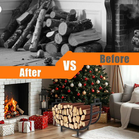 Before and after comparison with 30 Inch Firewood Rack With Log Carrier Bag Upgraded Taller Version holding logs indoors