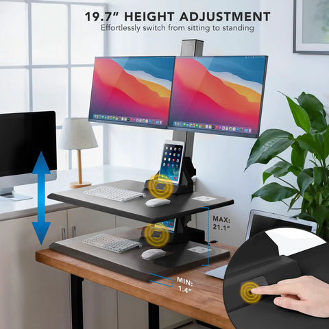 Electric Dual Monitor Sit Stand Desk Converter with 28 Inch Base Height Adjustable Desktop Riser and Two Monitor Mounts