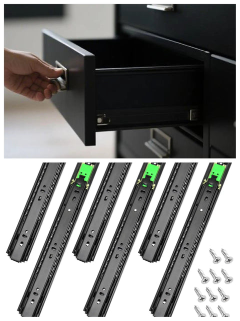 Three Pack 14 Inch Push To Open Drawer Slides With Full Extension Ball Bearing Side Mount Rails, black finish