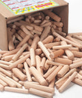 Pro Grade Top Shelf Fluted Hardwood Dowel Pin Multi Pack For Woodworking Craft Assembly And Diy Projects Hella Smooth Kiln Dried Finish With Straight Up Tight Grip, assorted sizes in a cardboard box.