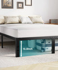 Full Size Metal Platform Bed Frame With Underbed Storage, showing 12.3 inches of space for luggage underneath.
