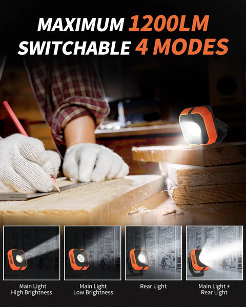 Woodworker using Magnetic Rechargeable 1200 Lumen Work Light With Four Modes And 150 Degree Rotatable Head Waterproof Portable Spotlight.