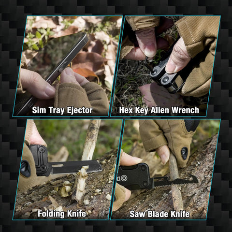 Go-To 16 In 1 Multitool Knife For Outdoors And EDC showing different functions: sim tray ejector, hex key wrench, folding knife, saw blade