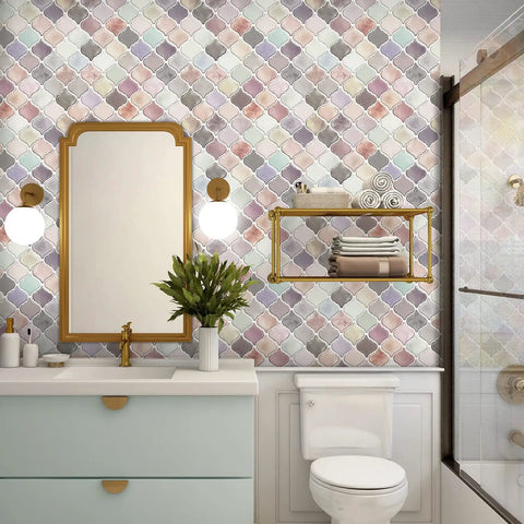 Bathroom with Pink Arabesque Peel And Stick Tile Backsplash 12x12 Self Adhesive Kitchen Tiles Pack Of 10, elegant design, mirror, shelf