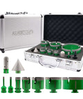 KURSTOL tile hole saw kit with 9 diamond core bits (6–100mm) and green milling bits in a metal case.