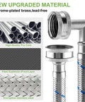 Image showing details of a 6 Foot Braided Stainless Steel Washer Hose Set With 90 Degree Elbows Hot And Cold Striped Supply Lines