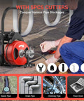 Super Heavy Duty Sewer Snake Machine Equipped With 100 Feet Of Rugged Cable And A Badass 750 Watt Motor Designed To Rip Through Nasty Gunk And Restore Sweet Water Flow To Your Home Pipes Without Any Fuss Or Friction Right Now with cutting tool attached.