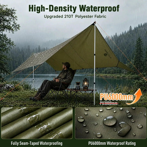 Man under 17x10 Ft Heavy Duty Camping Tarp Rain Fly With PU6000mm Waterproof Coating, UV UPF 100 Plus Sun Shield