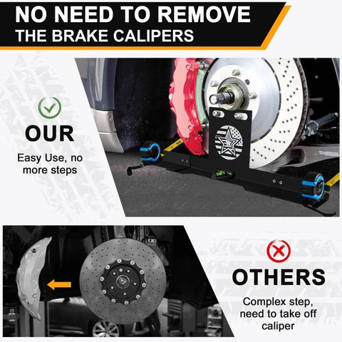 Wheel Alignment Tool With Imperial Tape Measure No Caliper Removal Upgrade Automotive Alignment Kit That Lets You Align Without Removing Calipers Heavy Duty Stainless Steel Toe Plates For Most Cars Trucks And SUVs installed on vehicle wheel