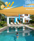 Triangle Sun Shade Sail 12 Foot By 12 Foot By 12 Foot Outdoor Patio Garden Deck Yard Canopy With Ropes Breathable Shade Blocks 95 Percent UV Rays Tear Resistant Fade Resistant Sand installed over pool.