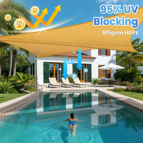 Triangle Sun Shade Sail 12 Foot By 12 Foot By 12 Foot Outdoor Patio Garden Deck Yard Canopy With Ropes Breathable Shade Blocks 95 Percent UV Rays Tear Resistant Fade Resistant Sand installed over pool.