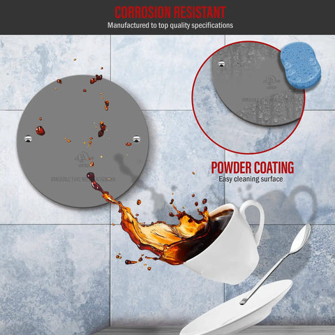 Front view of 4 Inch Round Weatherproof Blank Wall Plate For Outdoor Use With Gasket, Rugged Stainless Steel Cover, Corrosion Resistant Powder Coated Metal, Size 4.3 By 3.46 Inches, Gray, showing coffee spill resistance.