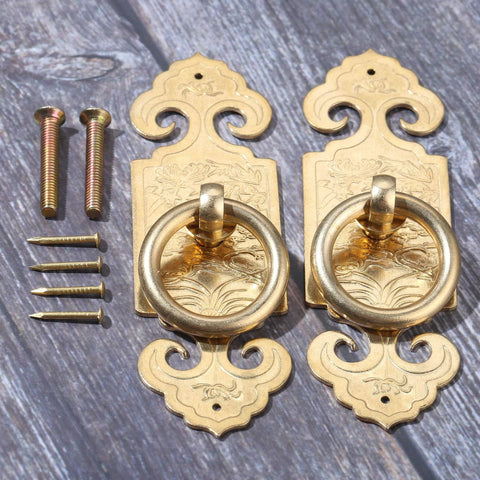 Antique Brass Ring Pulls Two Pack 10cm 3.94 Inch Classic Chinese Style Furniture Hardware with Screws for Cabinets