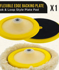 Three Pack 8 Inch Wool Buffing Pads With 7 Inch Flexible Edge Backing Plate shown in a close-up image.