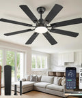 52 Inch Ceiling Fan With Light And Remote in a living room, showing 8 blades, DC motor, LED light, remote controls, black finish