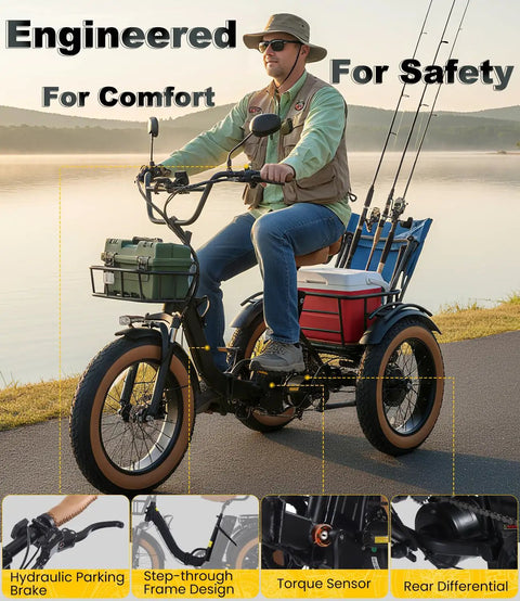 Electric Tricycle For Adults With Beast 1350W Motor, 48V 15.6Ah Battery, 20x4 Fat Tire Folding Trike, 3 Wheel Ebike, Up To 20 MPH, Differential Drive, Rugged Brown And Black Finish with fisherman