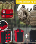 First aid kit bag attached to camouflage MOLLE backpack; red modular medical pouches with labeled compartments