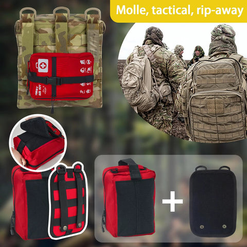 First aid kit bag attached to camouflage MOLLE backpack; red modular medical pouches with labeled compartments