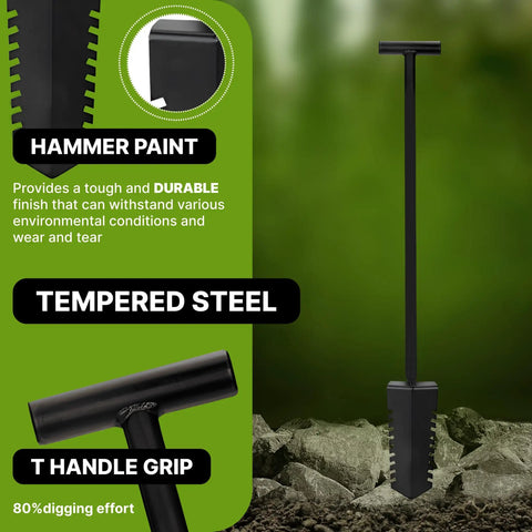 Heavy Duty Metal Detecting Shovel With Double Serrated Blade For Treasure Hunting And Root Cutting T Handle Spade Ideal For Gardening And Excavation And Professional Metal Detector Accessories with hammer paint finish displayed on rocky ground.