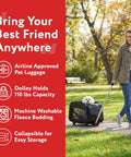Woman pulling Rolling Pet Carrier With Wheels in park, airline approved under seat TSA dog cat carrier, collapsible mesh bag.