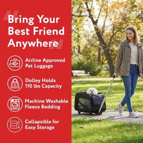 Woman pulling Rolling Pet Carrier With Wheels in park, airline approved under seat TSA dog cat carrier, collapsible mesh bag.