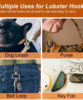 Hella Durable One Inch Zinc Alloy Swivel Snap Hooks With Pro Level Lobster Claw Clasps For Daily Carrying And Crafting Bringing A Crisp Black Feel To Any Project Six Pack attached to dog leash, purse, belt loop, and key fob.