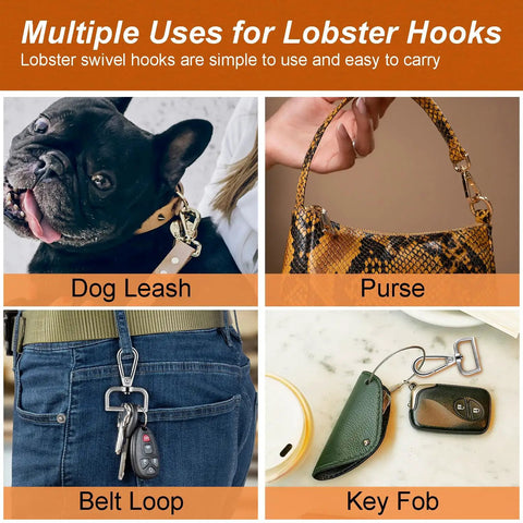 Hella Durable One Inch Zinc Alloy Swivel Snap Hooks With Pro Level Lobster Claw Clasps For Daily Carrying And Crafting Bringing A Crisp Black Feel To Any Project Six Pack attached to dog leash, purse, belt loop, and key fob.
