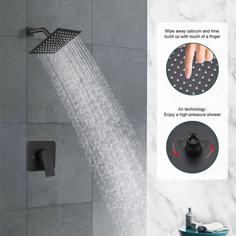 Matte Black 8 Inch Square Rainfall Shower Head Kit with Wall Mount Single Handle Valve and Trim A Dope Shower System