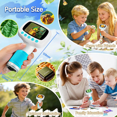Kids Digital Handheld Microscope With 2 Inch IPS Screen And 1000x Magnification, Video Camera For STEM Learning, Wonder Quest Educational Toy, Magnifier For Bugs, Cool Birthday Gift For Boys And Girls in hand, 128mm portable