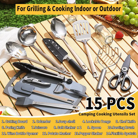 15 Piece Camping Kitchen Utensil Set For RVs Camping Backpacking And Travel Premium Outdoor Cooking Tools Must Have Gear Camper Gadgets And Picnic Essentials displayed on wooden surface.