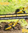 2 In 1 Garden Rotary Cultivator With Adjustable Handle For Loosening Soil Aerating The Lawn Reseeding Grass Weeding And Soil Mixing Manual Yard Tiller For No Fuss Backyard Lawn Care, shown in action transforming soil