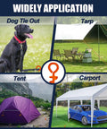 Beefy Heavy Duty Canopy Tent Stakes And Dog Tie Out Stakes Corkscrew Ground Anchors shown securing dog, tarp, tent, carport.