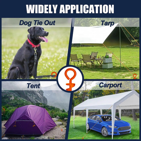 Beefy Heavy Duty Canopy Tent Stakes And Dog Tie Out Stakes Corkscrew Ground Anchors shown securing dog, tarp, tent, carport.