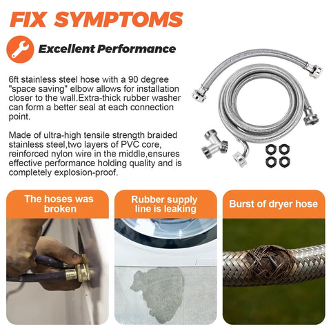 Diagram of Upgraded 6Ft Premium Steam Dryer Hose Installation Kit With 6 Stainless Steel Hoses, Brass Y Connector, washers