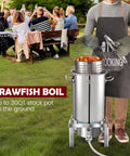 Portable 55,000 BTU Stainless Steel Propane Burner For Camping And Outdoor Cooking With CSA Regulator And Windshields, 12 Inch Compact Stove For Crawfish Boil in use at an outdoor party