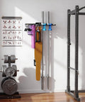 Beast Wall Mounted Home Gym Rack with 175 lb total capacity holding barbells and gym accessories on a white wall.