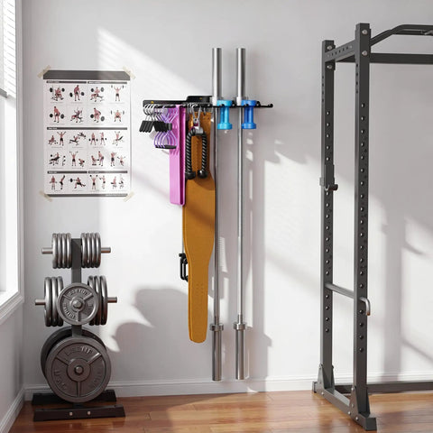 Beast Wall Mounted Home Gym Rack with 175 lb total capacity holding barbells and gym accessories on a white wall.