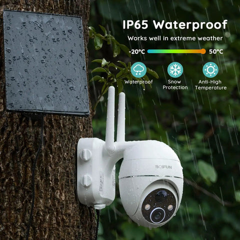 Solar Powered Wireless Outdoor Security Camera With AI Detection, 2K 360 Degree PTZ mounted on tree in rain
