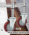 Heavy Duty Swivel Caster Wheels Featuring Slick Polyurethane Treads And A Sturdy Threaded Stem Mount on a cart over various floor types.