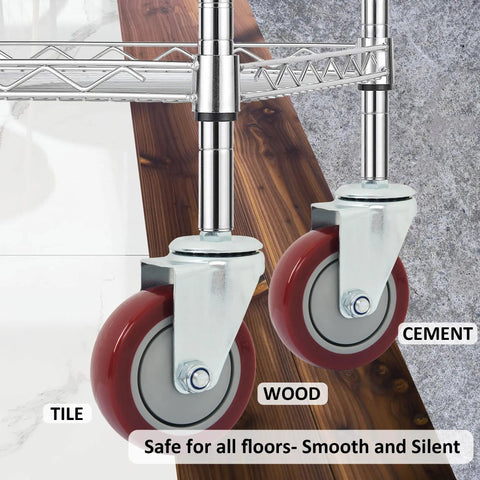 Heavy Duty Swivel Caster Wheels Featuring Slick Polyurethane Treads And A Sturdy Threaded Stem Mount on a cart over various floor types.
