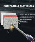 CATITO 1in x 10.24in SDS Plus masonry drill bit front view drilling through concrete tile with sparks