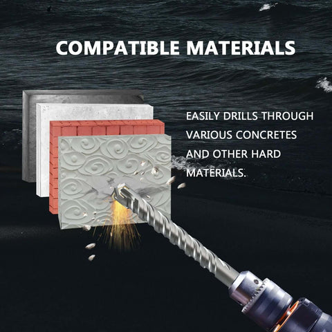 CATITO 1in x 10.24in SDS Plus masonry drill bit front view drilling through concrete tile with sparks