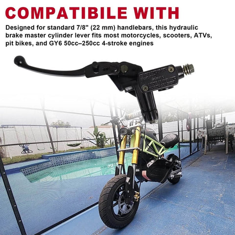 Universal Left Hydraulic Brake Master Cylinder For Seven Eighths Inch Handlebars On Moto ATV Pit Bike Dirt Bike GY6 Engine 50cc To 250cc With Durable Alloy Lever, showing installed view on a bike