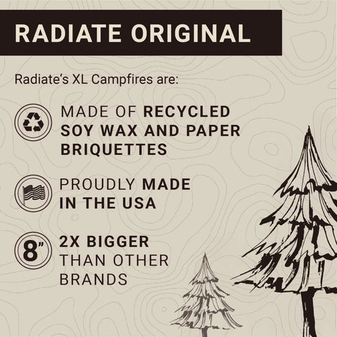 Text image about XL 8 Inch Portable Campfire As Seen On Shark Tank With Up To Two Hours Of Burn Time Reusable Travel Fire Pit For Camping Patios And Beach Days Made In USA features recycled soy wax and paper briquettes, made in USA.