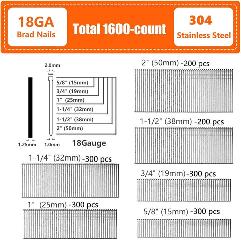 Straight Shooter 18 Gauge 304 Stainless Steel Brad Nails 1600 Pack assorted lengths and sizes diagram for woodworking projects.