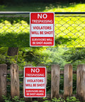 2 Pack Heavy Duty Reflective Aluminum No Trespassing Signs Violators Will Be Shot Warning For Night Visibility 14x10 Inch Yard Security Signs Weatherproof Rustproof Durable Outdoor Signage on fence and gate