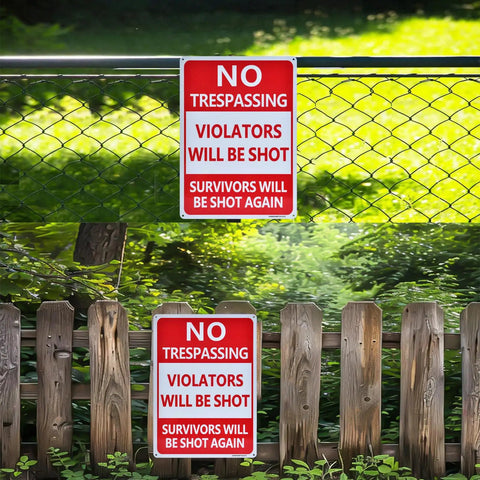 2 Pack Heavy Duty Reflective Aluminum No Trespassing Signs Violators Will Be Shot Warning For Night Visibility 14x10 Inch Yard Security Signs Weatherproof Rustproof Durable Outdoor Signage on fence and gate