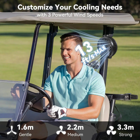 Golfer using Magnetic Golf Cart Cruise Fan Set With 5000mAh Battery in EZGO cart, showing dual fans and wind speed settings.