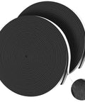 Close-up of two black foam weatherstripping tape rolls with adhesive backing; each 1/2 in x 1/8 in x 33.1 ft.