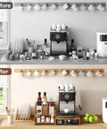 Before and after image of kitchen counter tidy with All In One Coffee Station Organizer With K Cup Holder And 28 Cup Capacity in Rustic Brown.